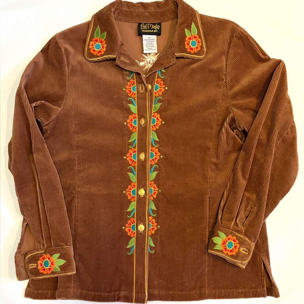 Bob Mackie Wearable Art Brown Corduroy Embroidered Button Down Shirt Top Medium - Picture 7 of 15